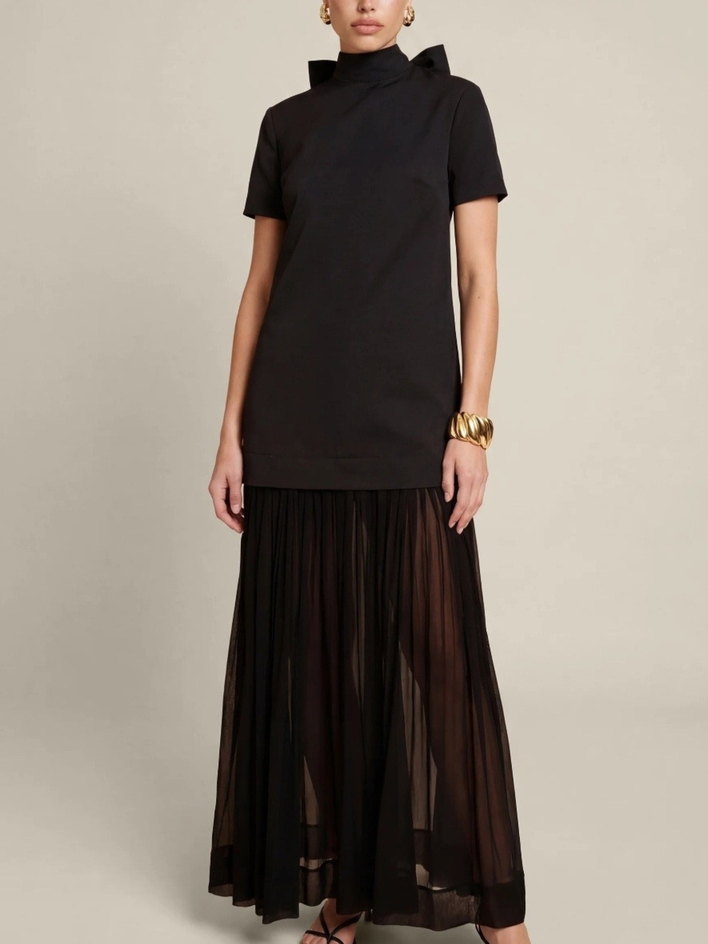 Few Moda O.P.T. Sleek Black Maxi Dress with Pleated Sheer Skirt